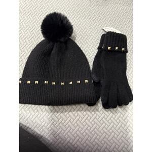 INC INTERNATIONAL CONCEPTS BEANIE AND GLOVES BLACK STUDED POM POM